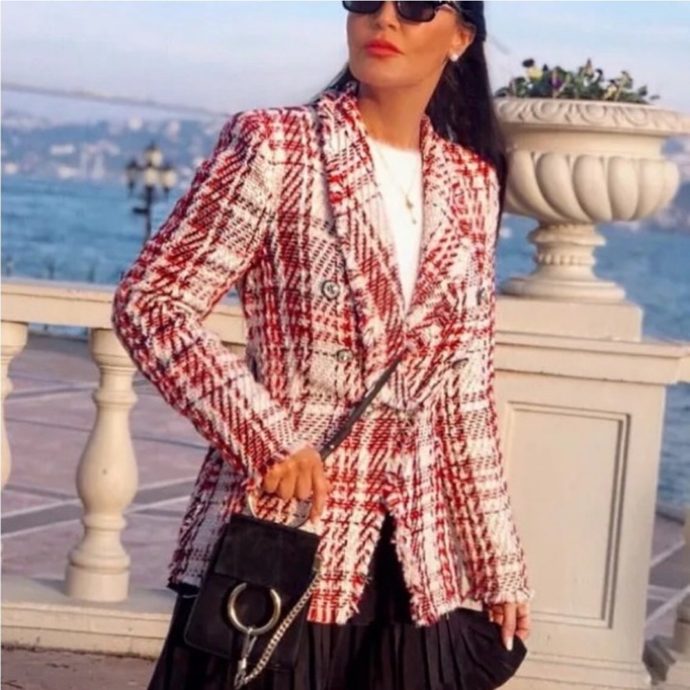 RARE Zara Red White Tweed Blazer Rhinestone Jewled abutting Double breasted XS - Picture 4 of 17